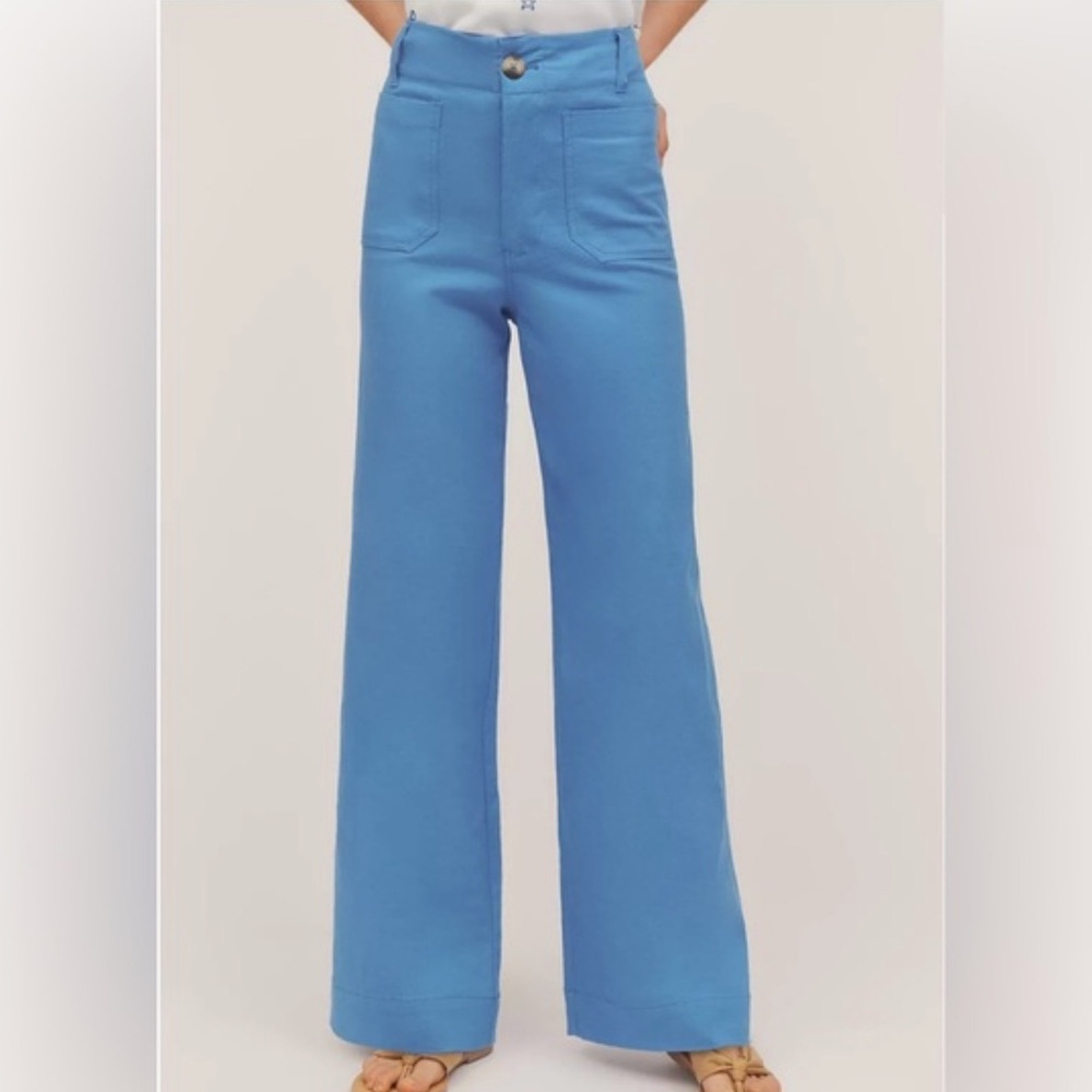 MAEVE ANTHROPOLOGIE THE COLETTE BLUE COTTON LINEN WIDE LEG PANTS SIZE 33 PETITE